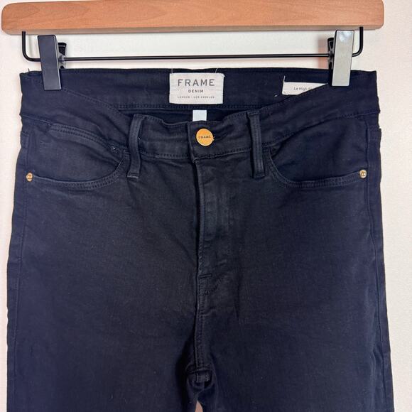FRAME Le High Skinny Black Denim Jeans Frayed Uneven Hem Women's Size 27 - Picture 3 of 7